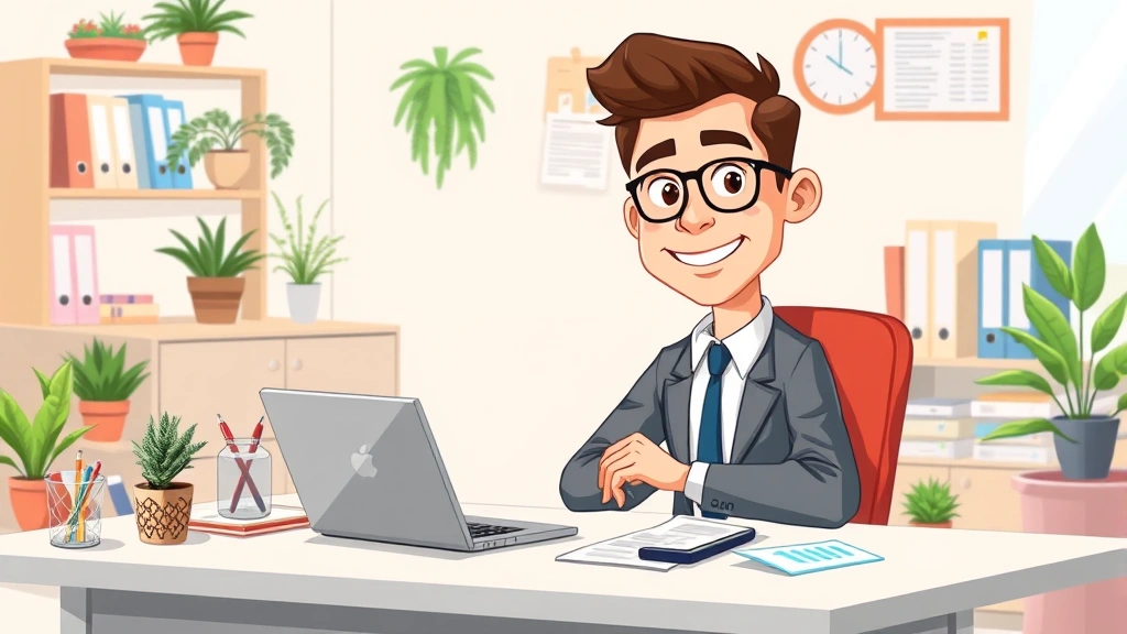 Cartoon professional contractor sitting at modern desk with laptop, calculator, and tax documents, confident expression, colorful organized workspace with plants and office supplies