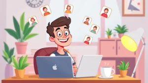 Cartoon freelancer sitting at laptop with multiple client icons floating around, smiling confidently, home office setting with plants and coffee cup, bright colors indicating freedom and flexibility