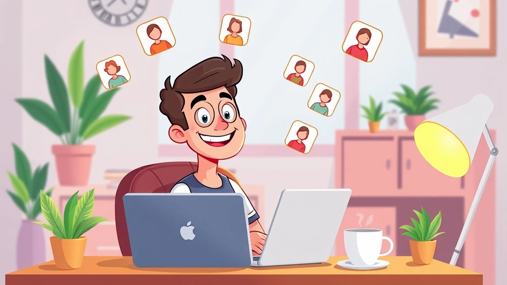 Cartoon freelancer sitting at laptop with multiple client icons floating around, smiling confidently, home office setting with plants and coffee cup, bright colors indicating freedom and flexibility
