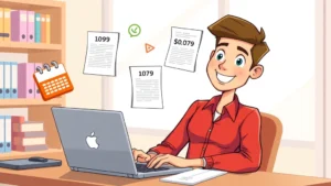 Cartoon professional sitting at desk with laptop and multiple floating documents labeled '1099', calendar, and calculator icons around them, bright workspace, smiling expression
