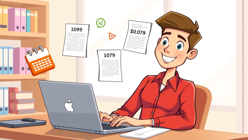 Cartoon professional sitting at desk with laptop and multiple floating documents labeled '1099', calendar, and calculator icons around them, bright workspace, smiling expression