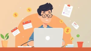 Cartoon illustration of a freelancer working at a laptop surrounded by floating money symbols, calendar, and contract documents in warm, professional colors