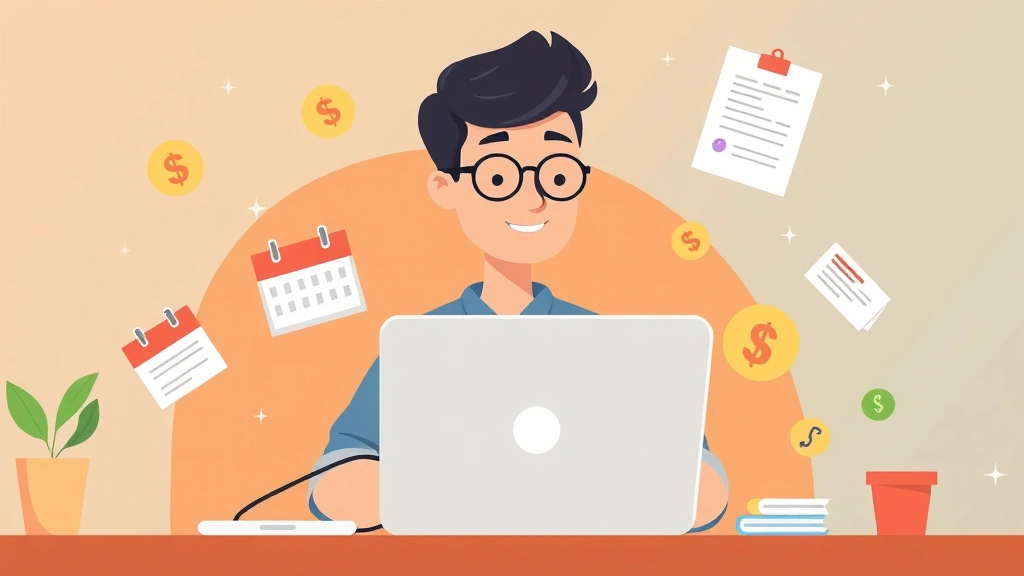 Cartoon illustration of a freelancer working at a laptop surrounded by floating money symbols, calendar, and contract documents in warm, professional colors