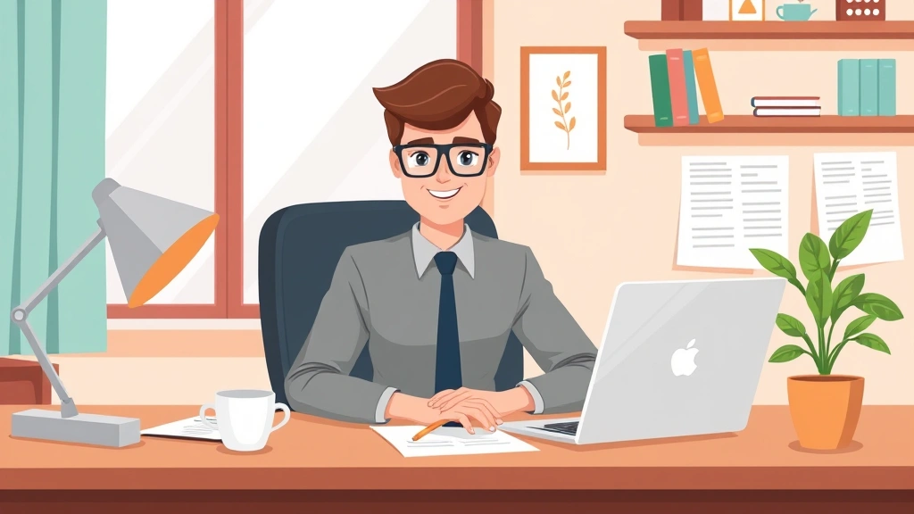 Professional independent contractor working at home office with laptop, coffee cup, and plant on desk, cartoon style, warm colors