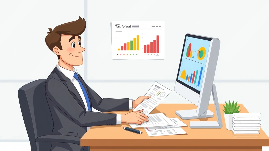 Professional consultant sitting at desk reviewing financial documents and tax forms, colorful charts on computer screen, modern office setting, cheerful cartoon illustration