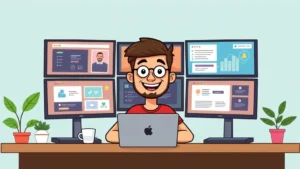 Cartoon freelancer sitting at desk with multiple computer screens showing different projects and clients, happy expression, colorful workspace with plants and coffee cup