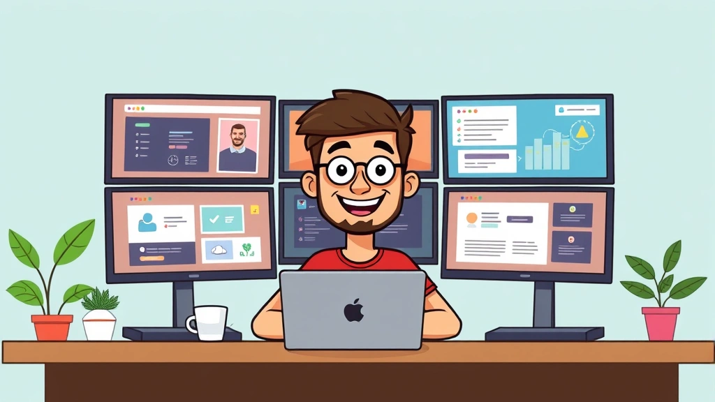 Cartoon freelancer sitting at desk with multiple computer screens showing different projects and clients, happy expression, colorful workspace with plants and coffee cup