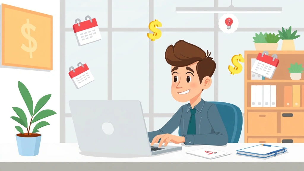 Cartoon freelancer working at laptop with floating dollar signs and calendar icons around them, bright professional office setting