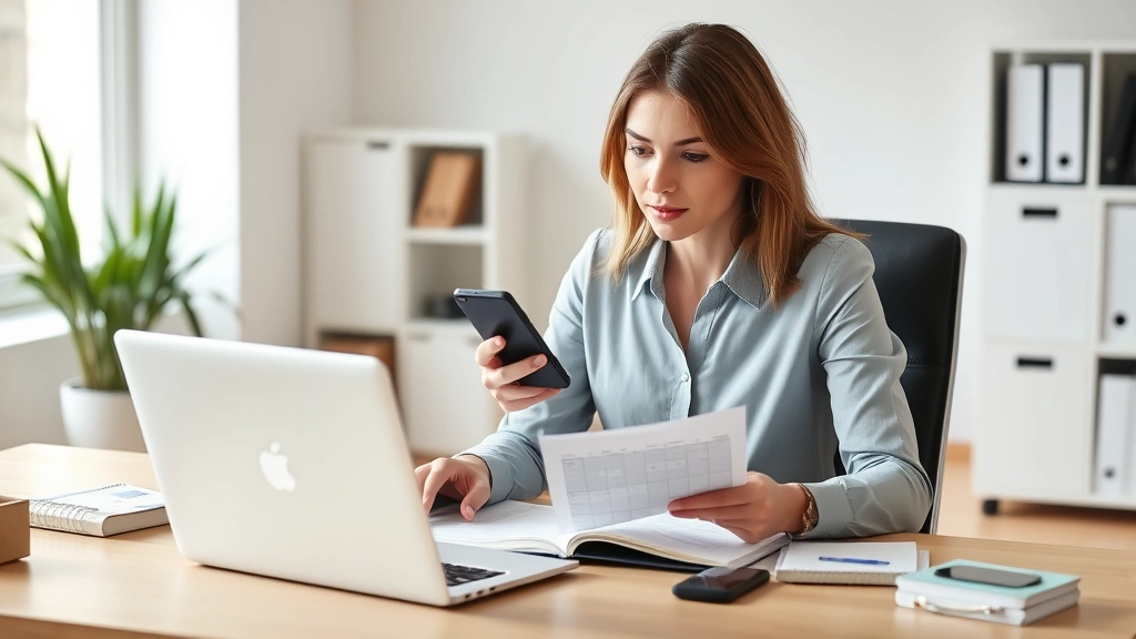 Professional woman sitting at desk with laptop, smartphone, and calendar, reviewing freelance contracts and project timeline with focused expression, modern home office background