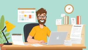 Cartoon freelancer sitting at desk with laptop, calendar, and invoice papers, smiling confidently while managing multiple projects