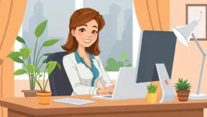 Cartoon professional woman sitting at home desk with laptop, coffee cup, and plants, smiling confidently while working on computer