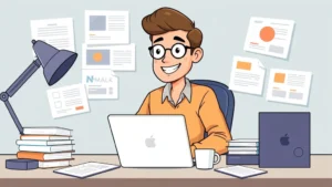 Cartoon professional freelancer sitting at desk with laptop, coffee cup, and multiple project files, smiling confidently while managing various client projects simultaneously