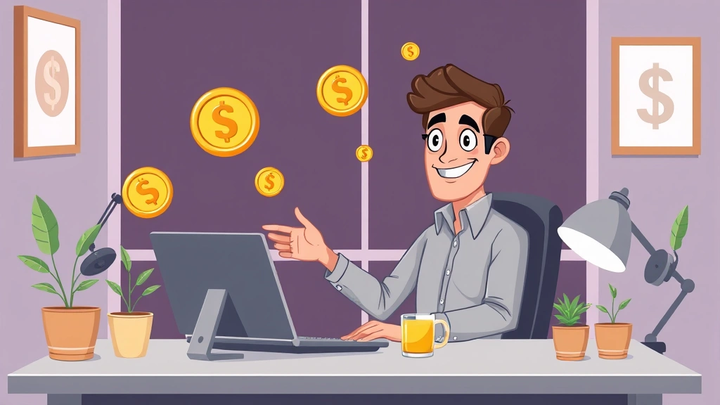 Cartoon professional freelancer working at home desk with laptop, coffee cup, and plants, smiling confidently with multiple income streams illustrated as floating coins around the workspace