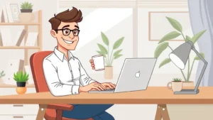 Cartoon freelancer working on laptop at home office desk with coffee cup, smiling, professional casual clothing, modern minimalist workspace with plant