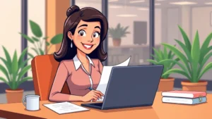Cartoon professional woman sitting at desk with laptop, smiling confidently while reviewing contract documents, holding pen, modern office background with plants and warm lighting