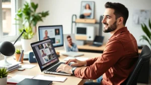 Professional freelancer working at laptop with organized desk, multiple projects visible on screen, confident expression, modern home office setup, bright natural lighting, digital workspace aesthetic