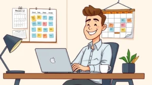 Cartoon professional freelancer sitting at home desk with laptop, coffee cup, and calendar on wall showing flexible work schedule, smiling confidently with diverse project files visible