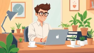 Professional freelancer working on laptop at home office desk with coffee cup, plants, and organized workspace, cartoon style illustration, warm lighting