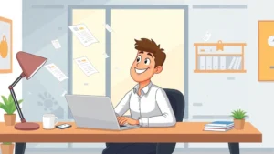 Cartoon professional freelancer working on laptop at modern desk with coffee cup, smiling confidently with digital documents floating around, bright creative workspace atmosphere