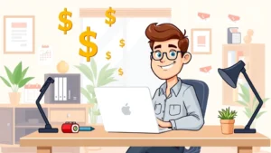 Cartoon professional contractor sitting at home office desk with laptop, smiling confidently, surrounded by floating dollar signs and calendar icons, bright modern workspace