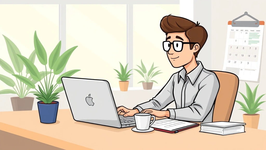 Cartoon illustration of a professional contractor working independently at a desk with laptop, coffee cup, and calendar showing flexible schedule, bright modern office setting with plants and natural light