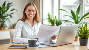 Professional freelancer working at modern home desk with laptop, coffee cup, and plants, smiling confidently while reviewing contract documents