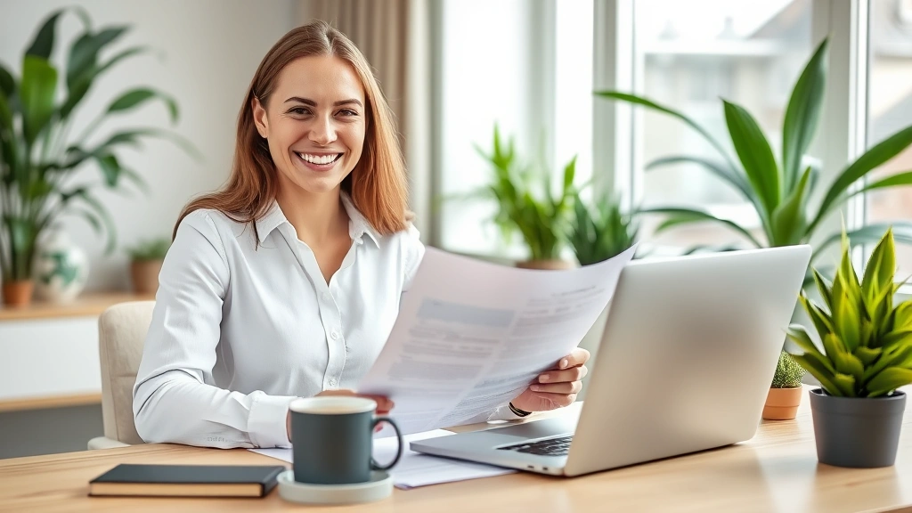 Professional freelancer working at modern home desk with laptop, coffee cup, and plants, smiling confidently while reviewing contract documents