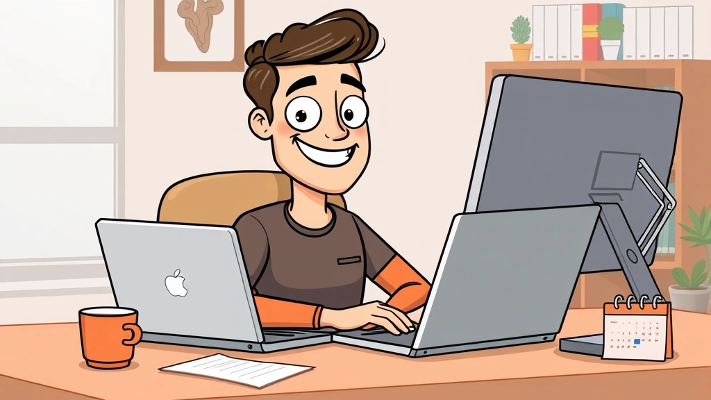Cartoon illustration of a freelancer working from a home office with laptop, coffee cup, and calendar on desk, smiling confidently at computer screen