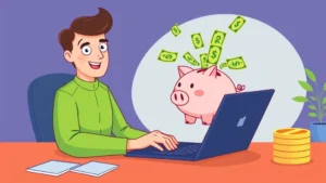 Professional freelancer working at laptop with multiple income streams flowing into piggy bank, cartoon style, bright colors, showing financial growth and independence