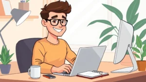 Professional freelancer sitting at home desk with laptop, coffee mug, and notebook, smiling confidently while working on computer, modern minimalist office setup with plant in background, cartoon illustration style