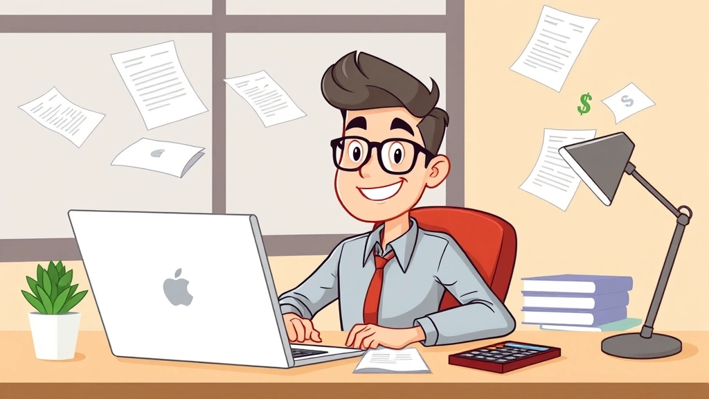 Cartoon professional freelancer sitting at desk with laptop, coffee cup, and calculator, surrounded by floating documents and dollar signs, happy confident expression