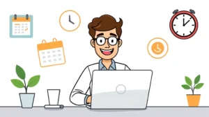 Cartoon professional contractor working at laptop with flexible schedule, showing happy work-life balance with calendar and clock symbols around them