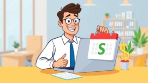 Cartoon professional contractor at laptop with calendar and dollar signs, showing flexible schedule and independence, bright colors, modern office environment