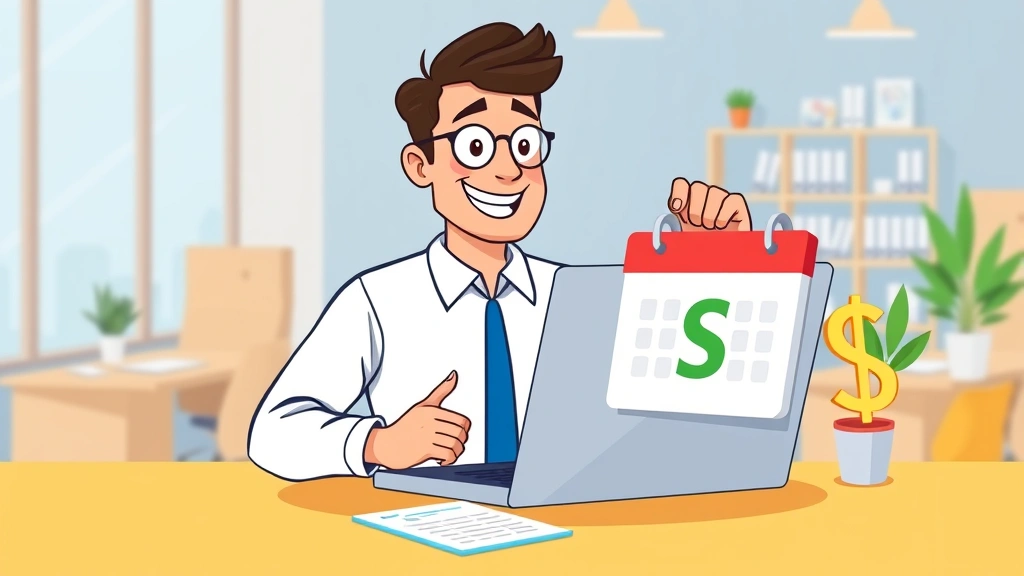 Cartoon professional contractor at laptop with calendar and dollar signs, showing flexible schedule and independence, bright colors, modern office environment