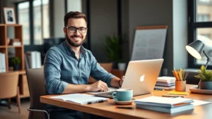 Professional contractor working at modern desk with laptop and coffee, smiling confidently, surrounded by project files and business tools, warm office lighting