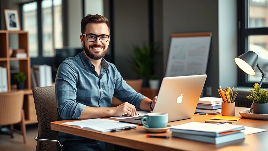 Professional contractor working at modern desk with laptop and coffee, smiling confidently, surrounded by project files and business tools, warm office lighting