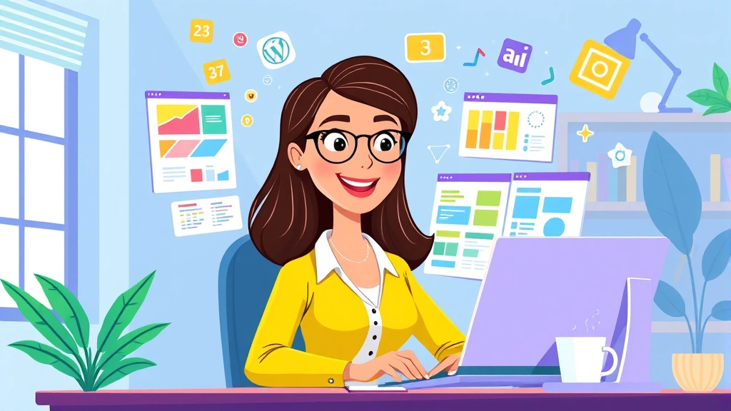 Cartoon professional woman at computer with multiple project windows open, colorful design icons floating around, modern home office setting with plant and coffee cup, vibrant blues and greens, energetic atmosphere