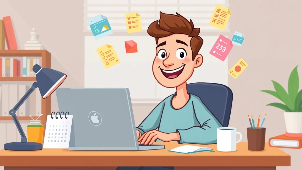 Cartoon freelancer sitting at home desk with laptop, calendar, and coffee cup nearby, smiling confidently at computer screen with colorful project files floating around