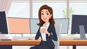 Professional woman sitting at desk with multiple computer monitors, holding coffee cup with satisfied expression, modern home office setup, cartoon illustration