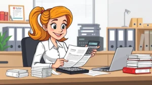 Cartoon professional woman reviewing tax documents and calculator at desk, stacks of receipts and forms, confident expression, modern office setting with laptop and organized filing system