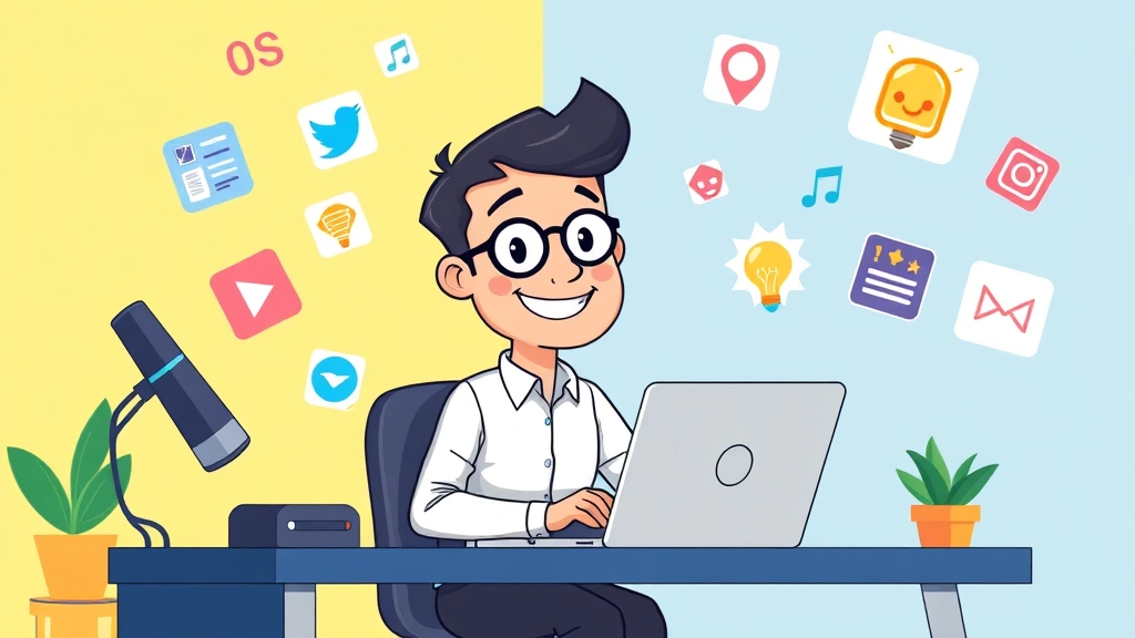 Cartoon freelancer sitting at desk with laptop, surrounded by floating icons representing different skills (design, code, writing), bright professional colors, happy confident expression
