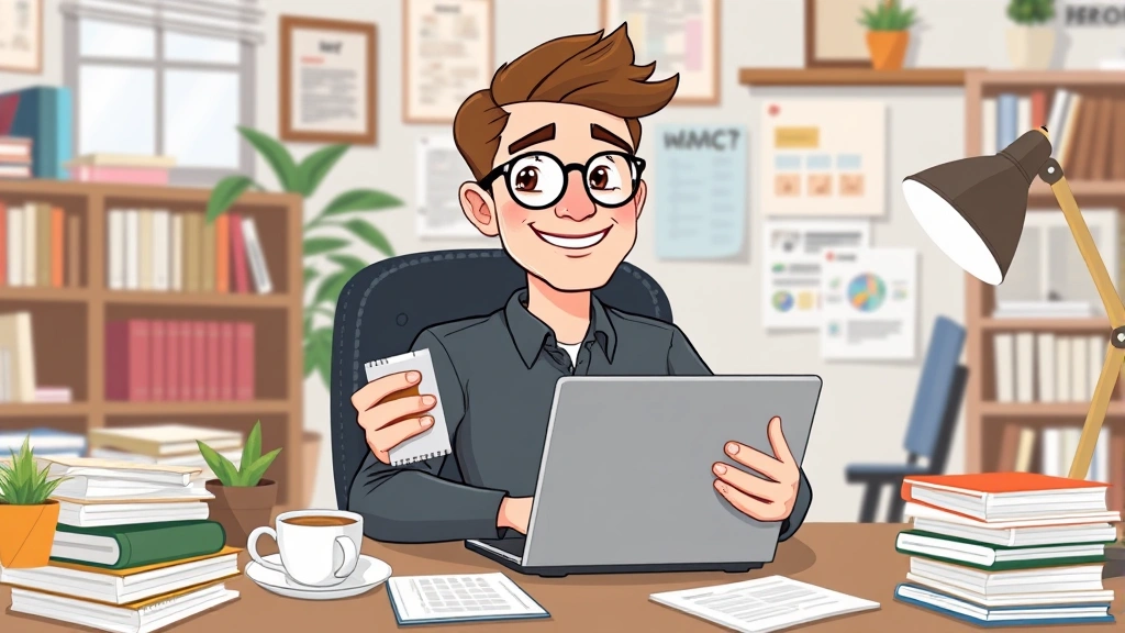 Cartoon professional freelancer working at laptop in home office surrounded by project files and coffee cup, smiling confidently