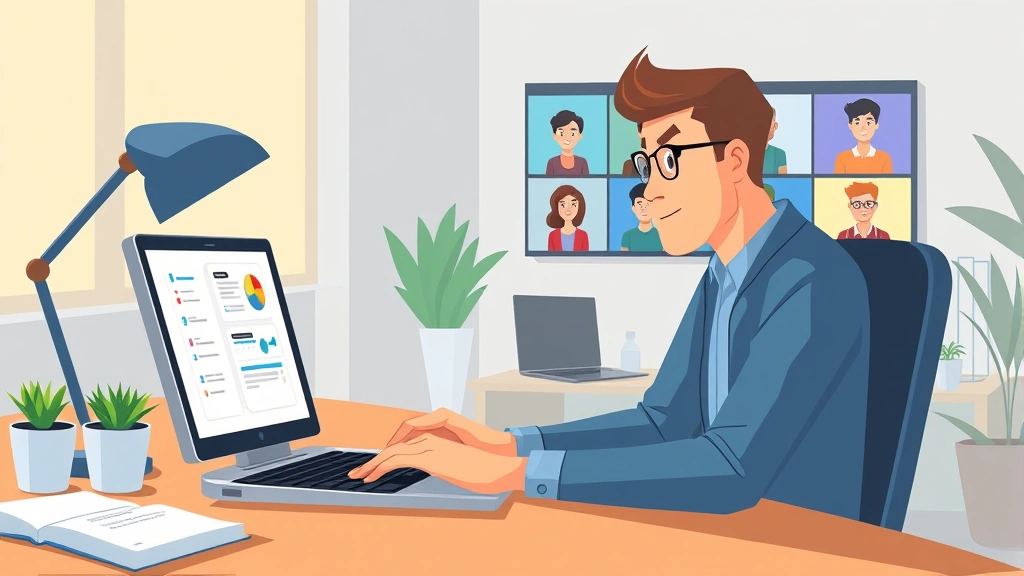 Professional freelancer working at desk with laptop, multiple project folders visible, diverse clients on video calls shown on screen, warm office lighting, cartoon style illustration