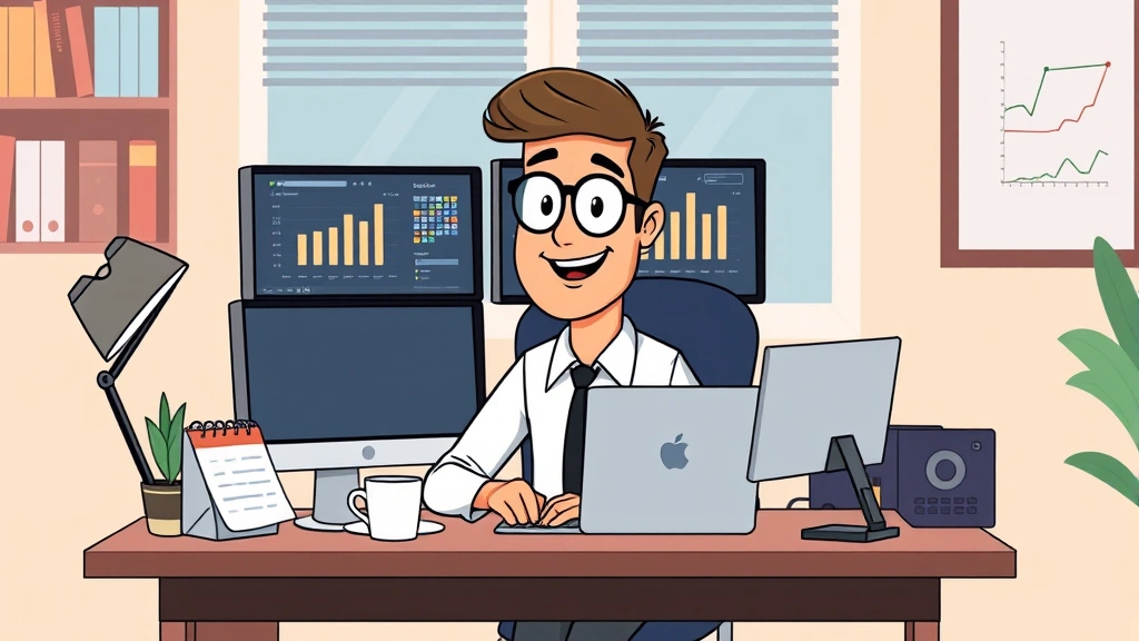 Cartoon freelancer sitting at desk with multiple computer screens, coffee cup, and calendar showing schedule management, professional home office setting
