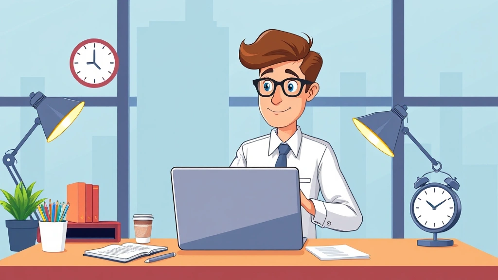 Cartoon professional working flexibly from laptop at modern desk with calendar and clock showing flexible time management, bright colors, no text