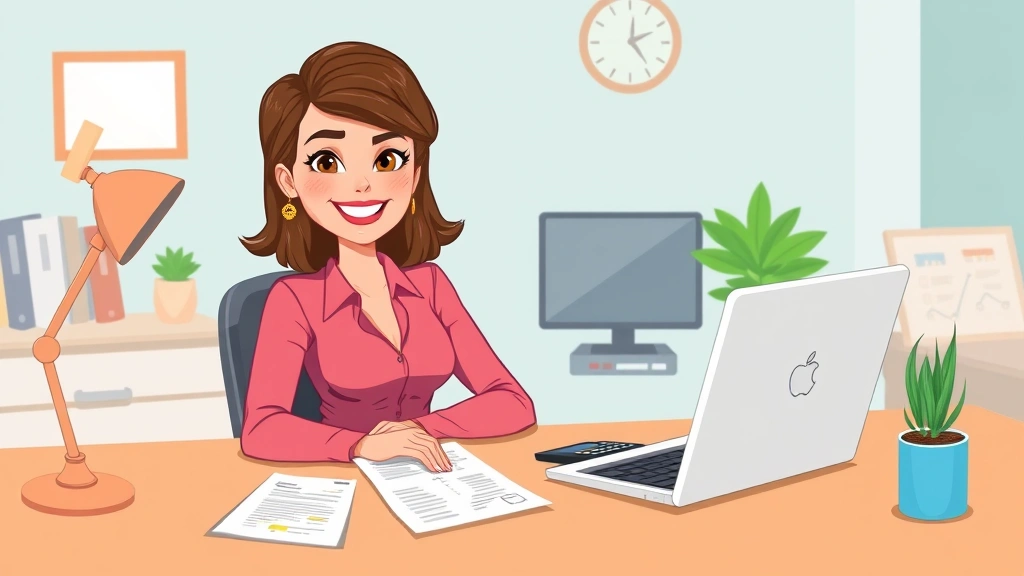 Cartoon professional woman at desk with laptop, calculator, and tax documents, confident smile, home office background, freelance work setup