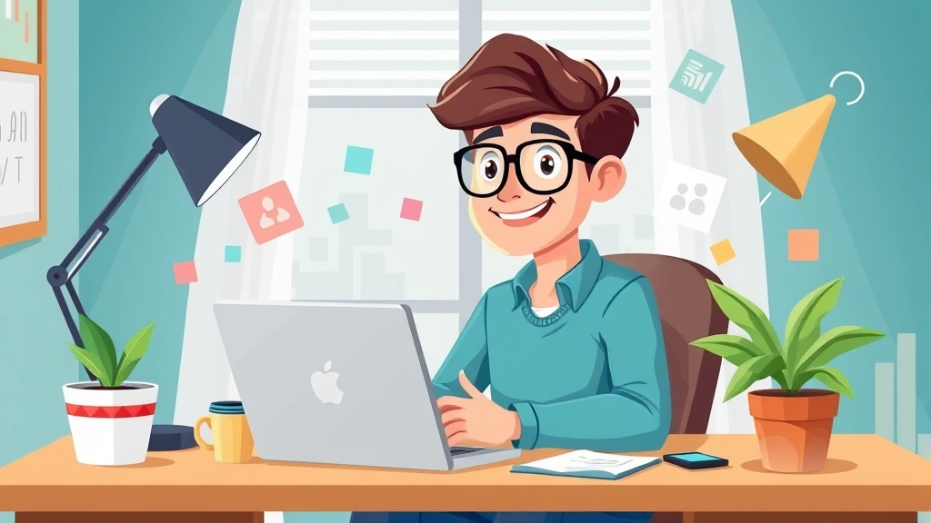 Cartoon freelancer at home office desk with laptop, coffee cup, and houseplant, smiling while working on computer project with colorful design elements floating around