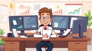 Cartoon professional sitting at desk with multiple computer screens, documents, and calculator, surrounded by growth charts and dollar signs, smiling confidently in bright office setting