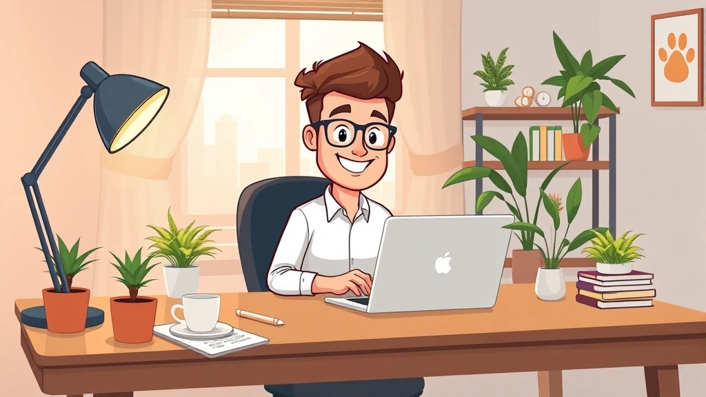 Cartoon professional freelancer working on laptop at home office desk with coffee, plants, and happy expression, warm lighting, modern workspace setup
