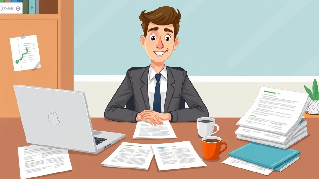 Cartoon professional sitting at desk with laptop, papers, and coffee cup, smiling confidently while reviewing multiple project contracts and financial documents spread across workspace